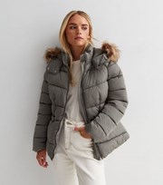 New Look Petite Olive Faux Fur Trim Hooded Puffer Jacket